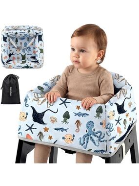 Portable Kids Booster Seat Cover - Sea Life Print Light Blue